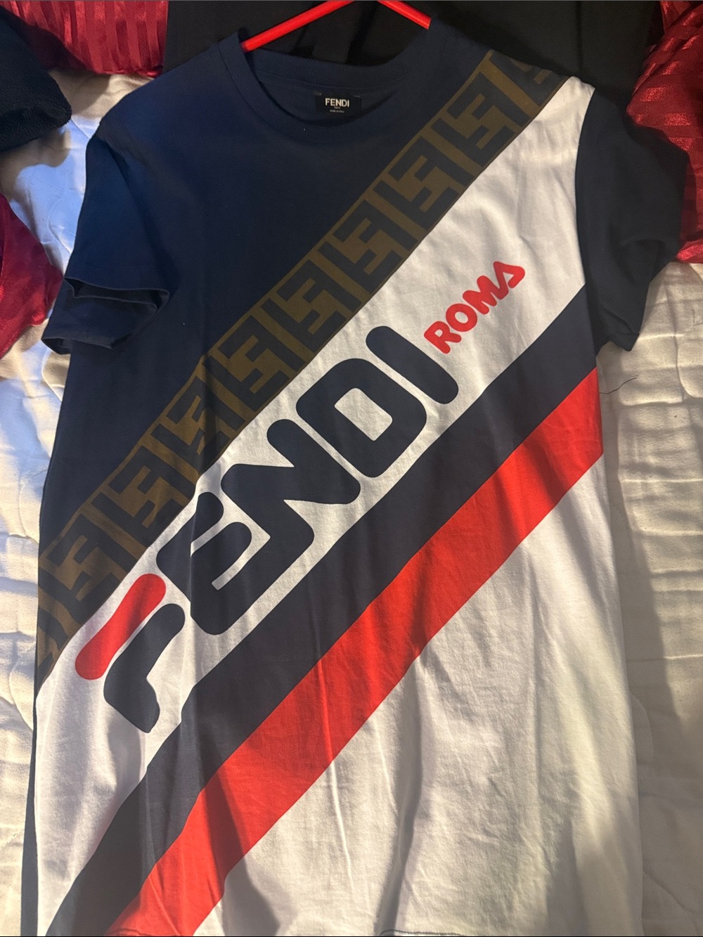 Fendi Diagonal Logo Tee - Navy, White & Red